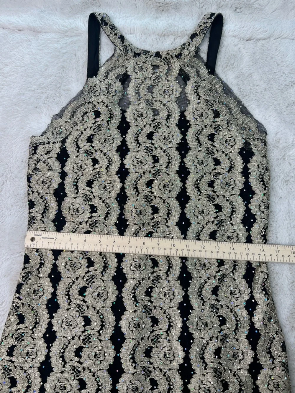 Joseph Ribkoff Black Gold Sparkle Lace Halter Bodycon Dress Size 12 Mini Vintage - Picture 15 of 16